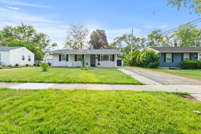1011 Cypress Ln, Joliet, IL 60435 - single story home with covered porch, a front yard, asphalt driveway, and a chimney