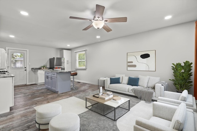 1011 Cypress Ln, Joliet, IL 60435 - living room featuring dark wood-type flooring, ceiling fan, and recessed lighting