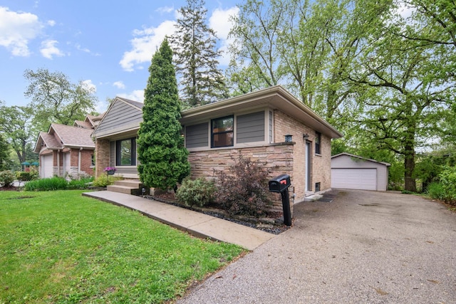 1000 Meadow Rd, Northbrook, IL 60062 - view of front of property featuring an outdoor structure, a front yard, a garage, and stone siding