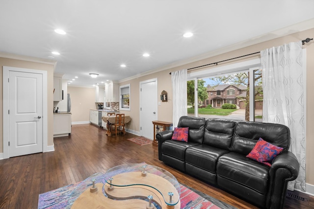 1000 Meadow Rd, Northbrook, IL 60062 - living area featuring crown molding, recessed lighting, dark wood-style floors, and baseboards