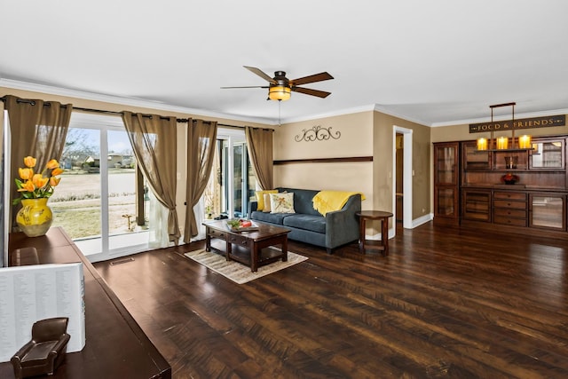 2165 Sunderland Ct Unit 101A, Naperville, IL 60565 - living area featuring wood finished floors, a ceiling fan, crown molding, and baseboards