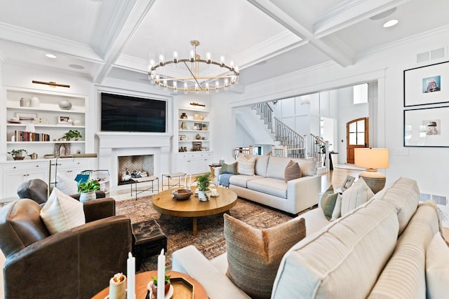 5N257 Switchgrass Ln, Saint Charles, IL 60175 - living room featuring ornamental molding, coffered ceiling, stairs, beam ceiling, and built in shelves
