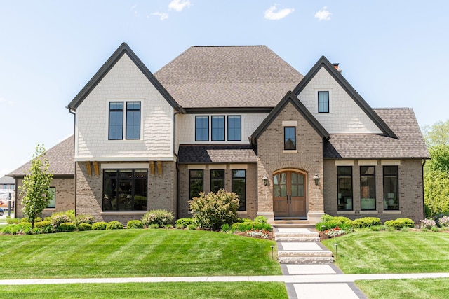 5N257 Switchgrass Ln, Saint Charles, IL 60175 - view of front of house featuring brick siding, a front lawn, a shingled roof, and french doors