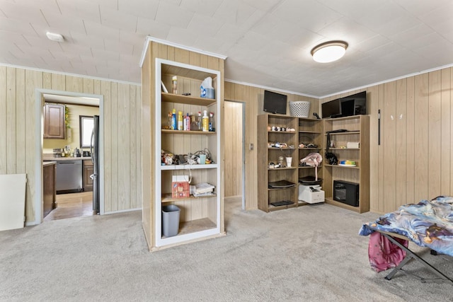 8 Sparrow Rd, Carpentersville, IL 60110 - bedroom featuring crown molding, wood walls, freestanding refrigerator, light carpet, and ensuite bathroom