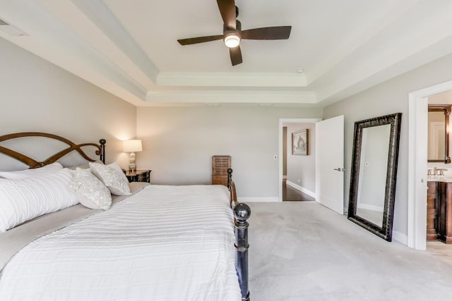212 S Wa Pella Ave, Mount Prospect, IL 60056 - bedroom featuring a raised ceiling, carpet, baseboards, ceiling fan, and connected bathroom