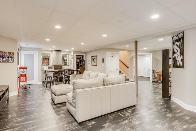 212 S Wa Pella Ave, Mount Prospect, IL 60056 - living room featuring dark wood-style flooring, baseboards, stairway, and recessed lighting