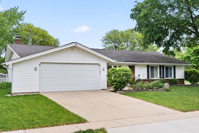 1018 Brighton Ct, Schaumburg, IL 60193 - ranch-style house featuring an attached garage, a front yard, concrete driveway, roof with shingles, and a chimney