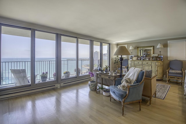 1212 N Lake Shore Dr Unit 21As, Chicago, IL 60610 - living area featuring crown molding, wood finished floors, and a water view