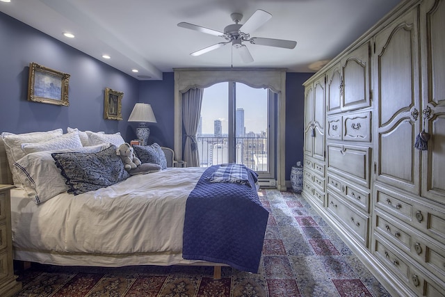 1212 N Lake Shore Dr Unit 21As, Chicago, IL 60610 - bedroom featuring access to outside, recessed lighting, baseboards, ceiling fan, and a view of city