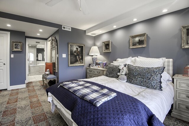 1212 N Lake Shore Dr Unit 21As, Chicago, IL 60610 - bedroom featuring recessed lighting, connected bathroom, baseboards, and ceiling fan