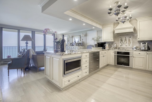 1212 N Lake Shore Dr Unit 21As, Chicago, IL 60610 - kitchen featuring stainless steel appliances, ornamental molding, a peninsula, light stone counters, and backsplash