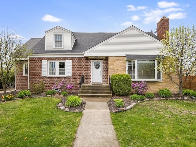 1212 S Greenwood Ave, Park Ridge, IL 60068 - view of front of house featuring brick siding, a front yard, a chimney, and a shingled roof