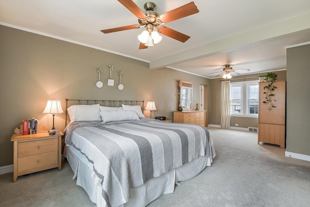 1212 S Greenwood Ave, Park Ridge, IL 60068 - bedroom featuring baseboards, light carpet, crown molding, a ceiling fan, and beam ceiling