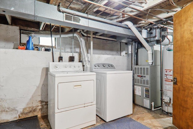1212 Colton Ave, Bloomington, IL 61701 - washroom featuring washing machine and dryer, gas water heater, and heating unit