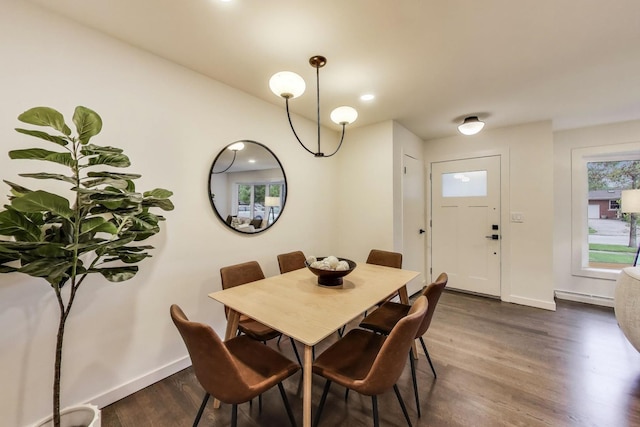 502 S William St, Mount Prospect, IL 60056 - dining room with dark wood finished floors, a baseboard heating unit, baseboards, and recessed lighting