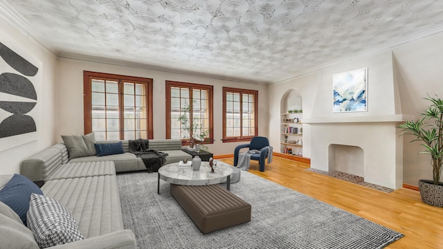 7360 N Damen Ave Unit 1S, Chicago, IL 60645 - living room featuring wood finished floors, built in features, crown molding, baseboards, and a fireplace with flush hearth
