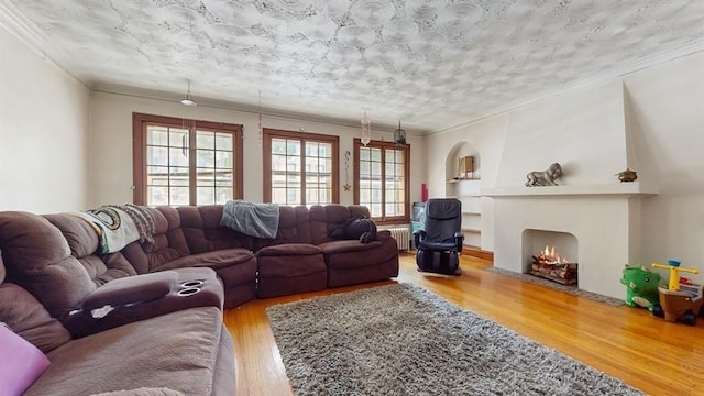 7360 N Damen Ave Unit 1S, Chicago, IL 60645 - living area with radiator heating unit, wood finished floors, crown molding, and a fireplace with flush hearth