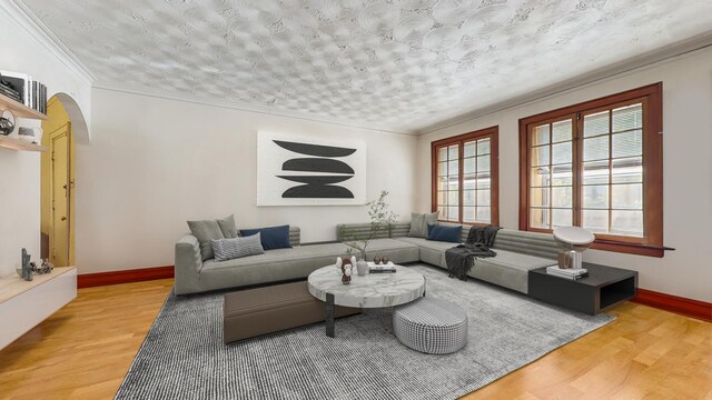 7360 N Damen Ave Unit 1S, Chicago, IL 60645 - living area featuring wood finished floors, arched walkways, baseboards, and ornamental molding