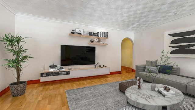 7360 N Damen Ave Unit 1S, Chicago, IL 60645 - living room featuring arched walkways, wood finished floors, baseboards, and crown molding