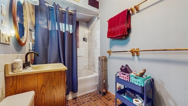 7360 N Damen Ave Unit 1S, Chicago, IL 60645 - full bathroom featuring radiator, shower / bath combination with curtain, vanity, and toilet