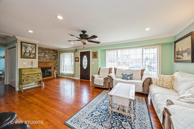 8349 W 82nd St, Justice, IL 60458 - living room featuring crown molding, wood finished floors, ceiling fan, recessed lighting, and a large fireplace