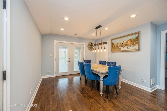 8349 W 82nd St, Justice, IL 60458 - dining room with french doors, baseboards, dark wood finished floors, recessed lighting, and vaulted ceiling