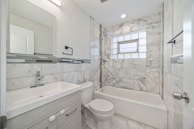 2109 N Harlem Ave Unit 3A, Chicago, IL 60707 - bathroom with toilet, tile walls, shower / tub combination, vanity, and marble finish flooring