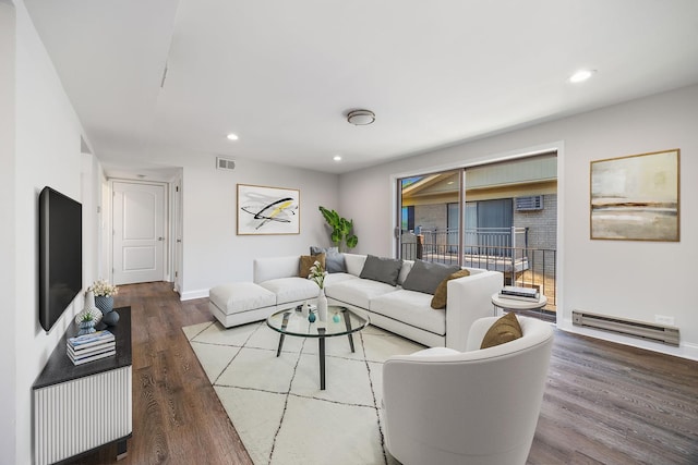 2109 N Harlem Ave Unit 3A, Chicago, IL 60707 - living area with a baseboard radiator, wood finished floors, baseboards, and recessed lighting