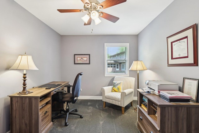 2902 Pleasant Dr, Mchenry, IL 60051 - office area featuring dark colored carpet, ceiling fan, and baseboards