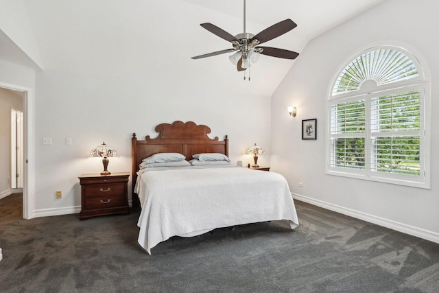 2902 Pleasant Dr, Mchenry, IL 60051 - bedroom featuring vaulted ceiling, multiple windows, baseboards, dark carpet, and ceiling fan