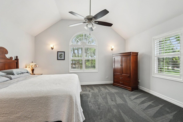 2902 Pleasant Dr, Mchenry, IL 60051 - bedroom with multiple windows, vaulted ceiling, baseboards, dark colored carpet, and a ceiling fan