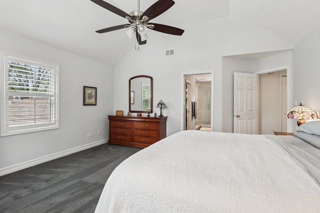 2902 Pleasant Dr, Mchenry, IL 60051 - bedroom featuring dark carpet, multiple windows, baseboards, high vaulted ceiling, and ceiling fan