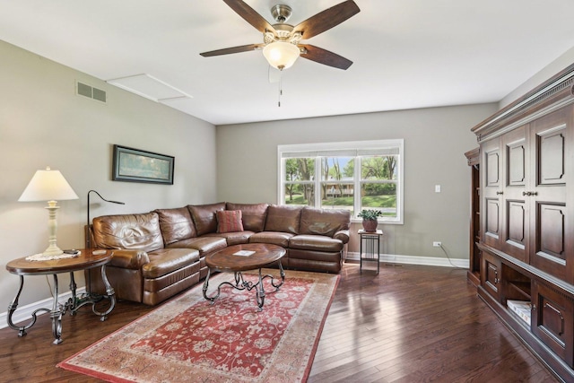 2902 Pleasant Dr, Mchenry, IL 60051 - living area with dark wood finished floors, ceiling fan, baseboards, and attic access
