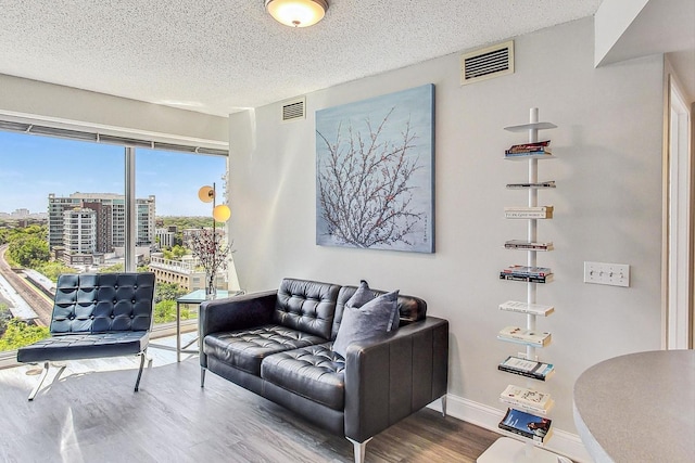 1720 Maple Ave Unit 1270, Evanston, IL 60201 - living area with wood finished floors, plenty of natural light, a textured ceiling, a city view, and baseboards