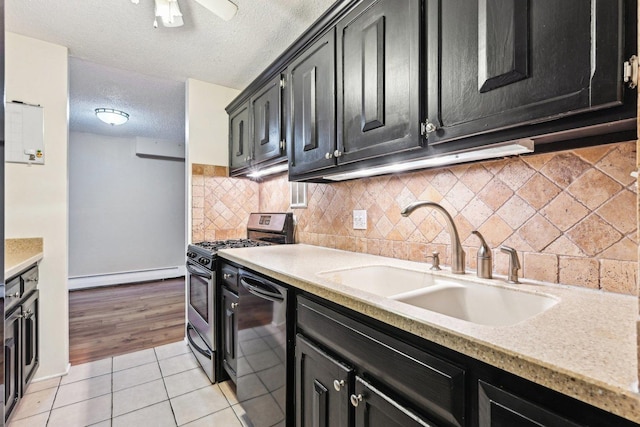 1116 S New Wilke Rd Unit 408, Arlington Heights, IL 60005 - kitchen with dark cabinetry, dishwasher, a baseboard heating unit, stainless steel gas stove, and a textured ceiling