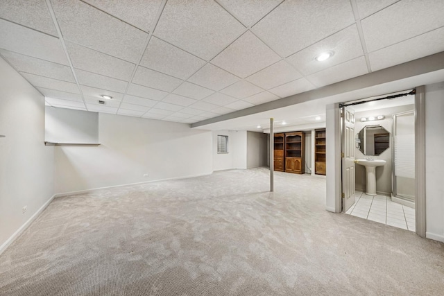 6173 Dixon Dr, Lisle, IL 60532 - finished below grade area featuring carpet, baseboards, a sink, recessed lighting, and a drop ceiling