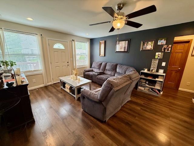 431 Edward St, Sycamore, IL 60178 - living area with dark wood finished floors, a ceiling fan, baseboards, and recessed lighting