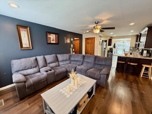 431 Edward St, Sycamore, IL 60178 - living room with ceiling fan, dark wood-type flooring, and recessed lighting
