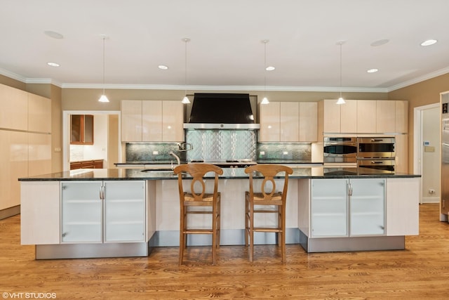 770 E Westminster Rd, Lake Forest, IL 60045 - kitchen featuring ventilation hood, modern cabinets, stainless steel double oven, backsplash, and crown molding