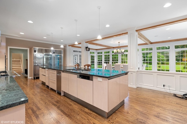 770 E Westminster Rd, Lake Forest, IL 60045 - kitchen with ornamental molding, a large island, light wood-style floors, modern cabinets, and dishwashing machine