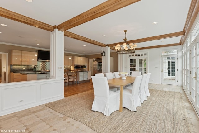 770 E Westminster Rd, Lake Forest, IL 60045 - dining space with crown molding, a chandelier, recessed lighting, and french doors