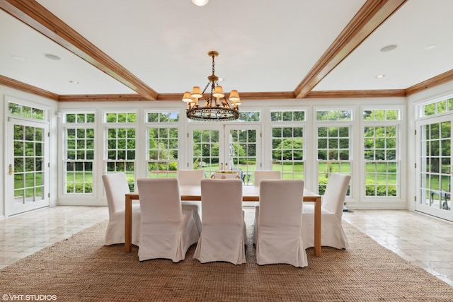 770 E Westminster Rd, Lake Forest, IL 60045 - unfurnished sunroom with french doors, a chandelier, crown molding, and tile patterned flooring