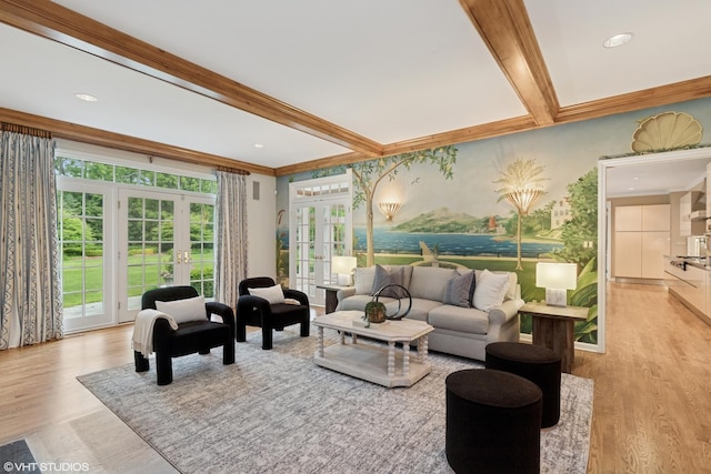 770 E Westminster Rd, Lake Forest, IL 60045 - living room with french doors, beamed ceiling, crown molding, light wood-style floors, and recessed lighting