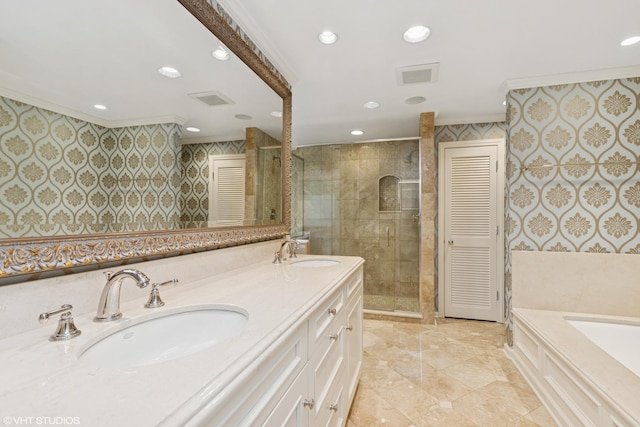 770 E Westminster Rd, Lake Forest, IL 60045 - full bath featuring ornamental molding, a stall shower, double vanity, recessed lighting, and a garden tub