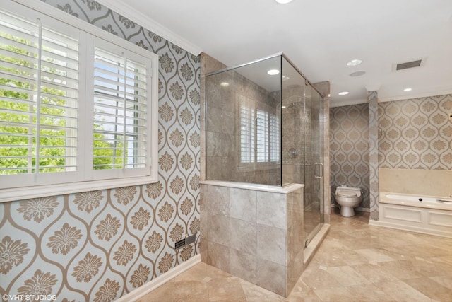 770 E Westminster Rd, Lake Forest, IL 60045 - bathroom featuring ornamental molding, a stall shower, a bath, and wallpapered walls