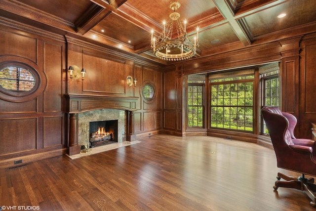 770 E Westminster Rd, Lake Forest, IL 60045 - unfurnished office featuring a wooden ceiling with exposed beams, dark wood-type flooring, a chandelier, crown molding, and a high end fireplace