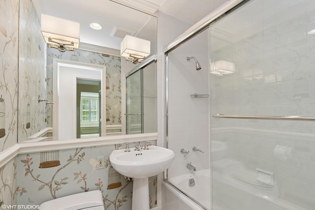 770 E Westminster Rd, Lake Forest, IL 60045 - full bathroom with combined bath / shower with glass door, wallpapered walls, and recessed lighting