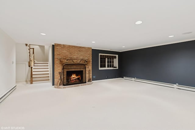 770 E Westminster Rd, Lake Forest, IL 60045 - unfurnished living room with a baseboard radiator, a fireplace, recessed lighting, and crown molding