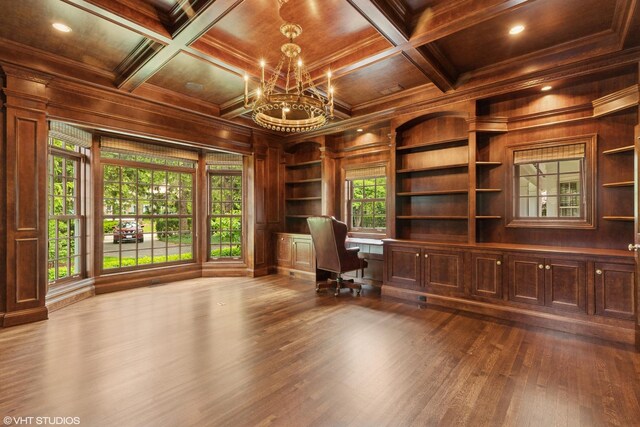 770 E Westminster Rd, Lake Forest, IL 60045 - unfurnished office featuring a wood ceiling with exposed beams, dark wood-type flooring, built in shelves, a chandelier, and wood walls