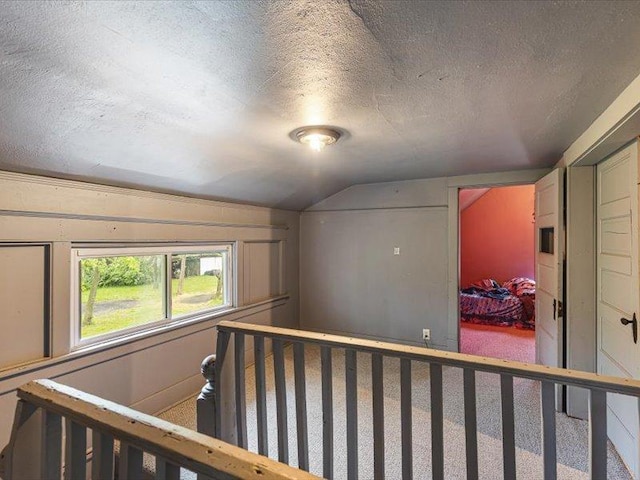 4560 Centerville Rd, Rockford, IL 61102 - hallway with vaulted ceiling, carpet, and a textured ceiling
